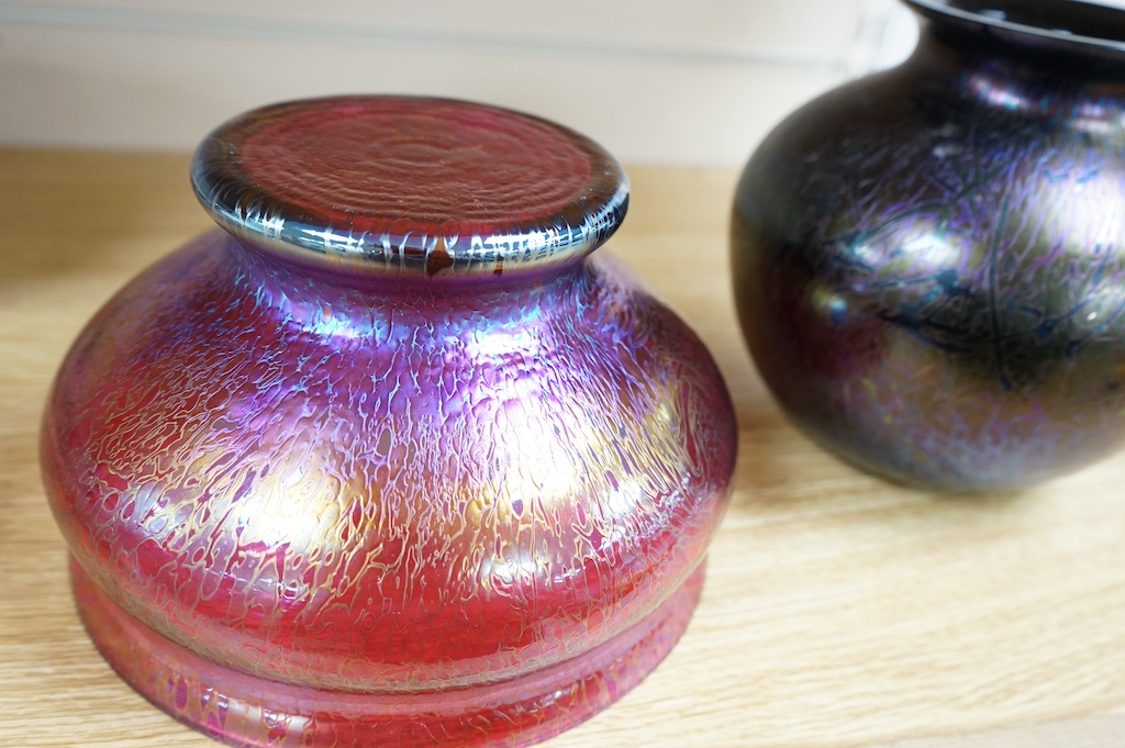 An iridescent art glass pedestal bowl and similar vase, bowl 20cm diameter. Condition - good